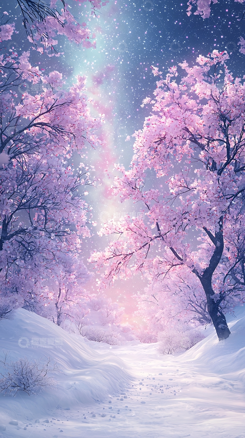 高清大图下载【趣麦麦图】雪中樱花树风景