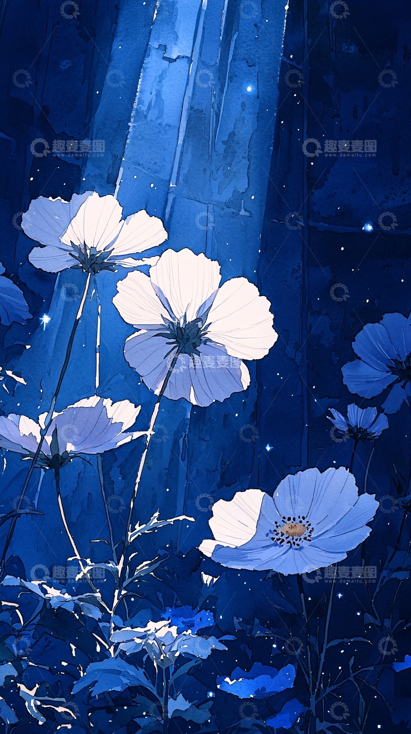 高清大图下载【趣麦麦图】蓝色夜空下的花朵插画