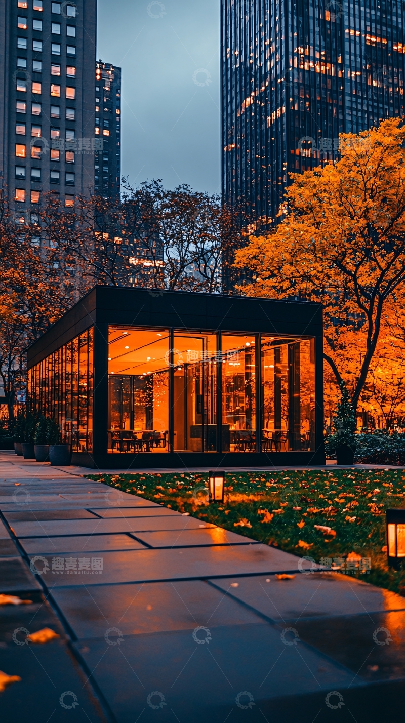 高清大图下载【趣麦麦图】-秋日城市玻璃屋