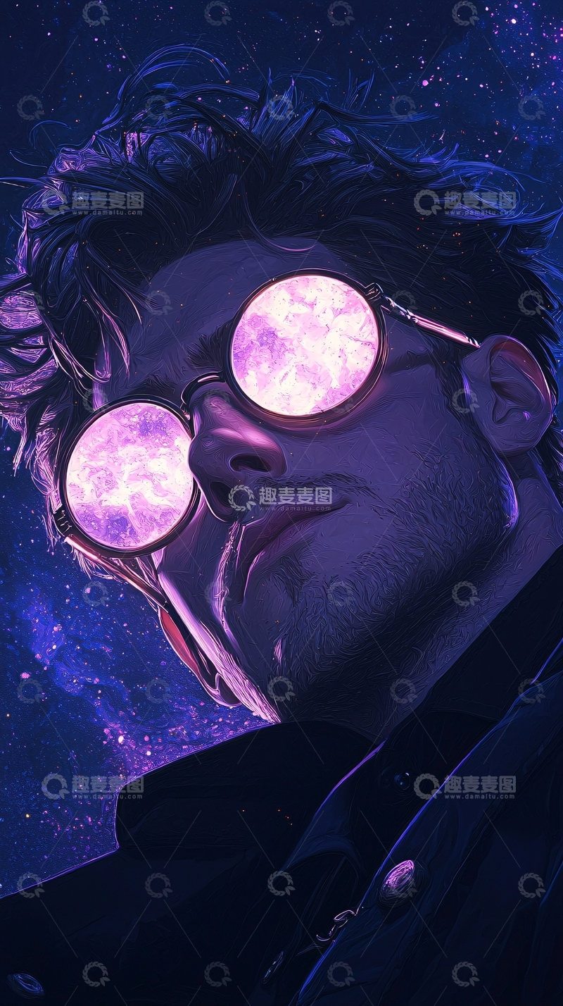 高清大图下载【趣麦麦图】星空眼镜男子插画艺术图
