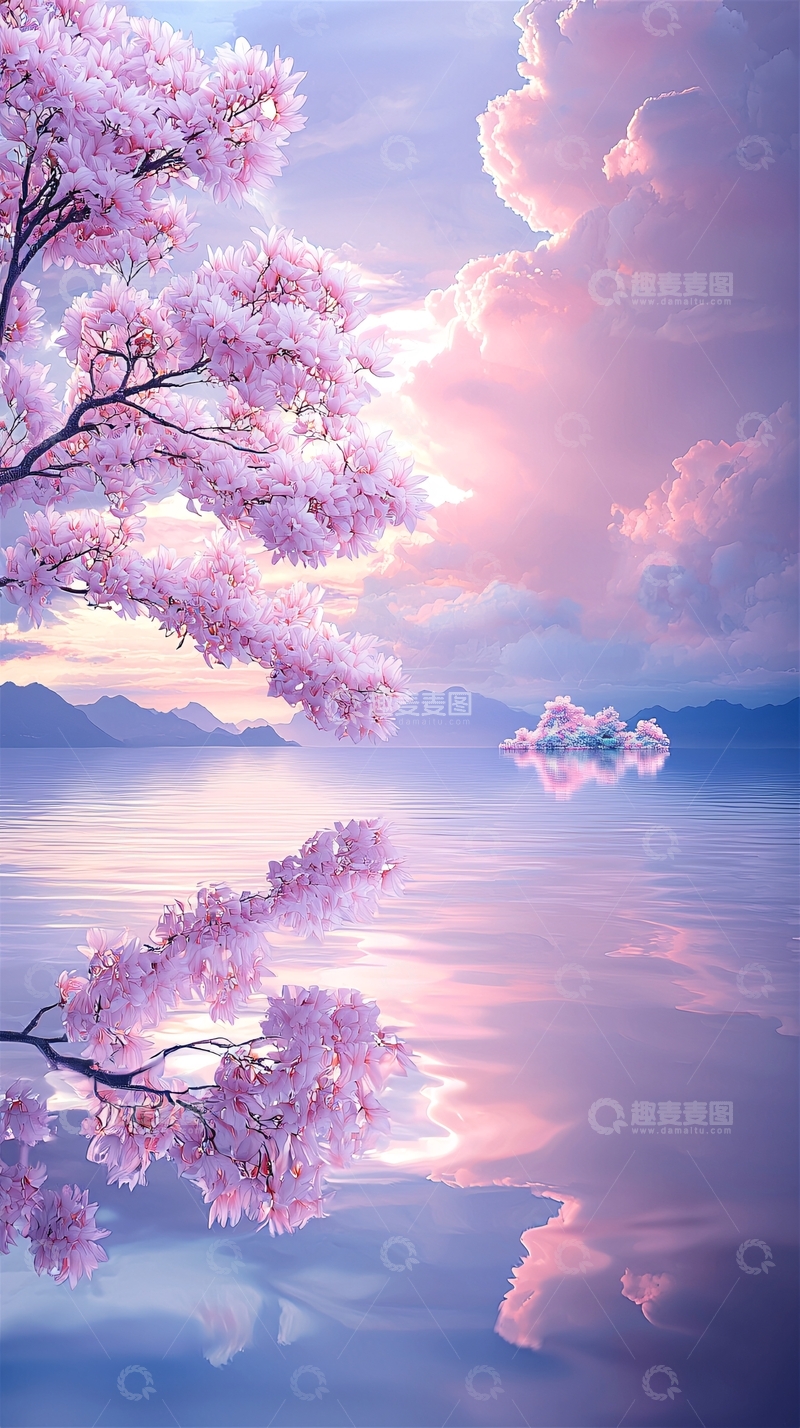 高清大图下载【趣麦麦图】粉红樱花湖畔梦境