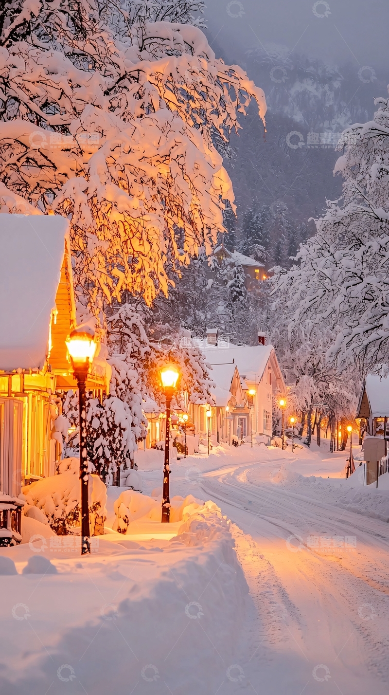 高清大图下载【趣麦麦图】冬夜雪景街道灯光明亮