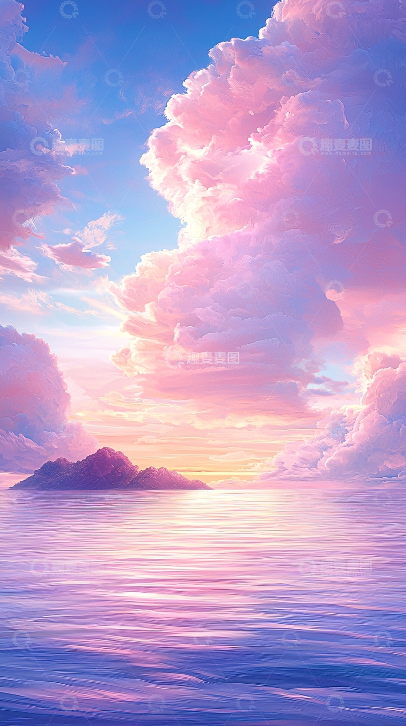 高清大图下载【趣麦麦图】梦幻粉蓝天空下的岛屿