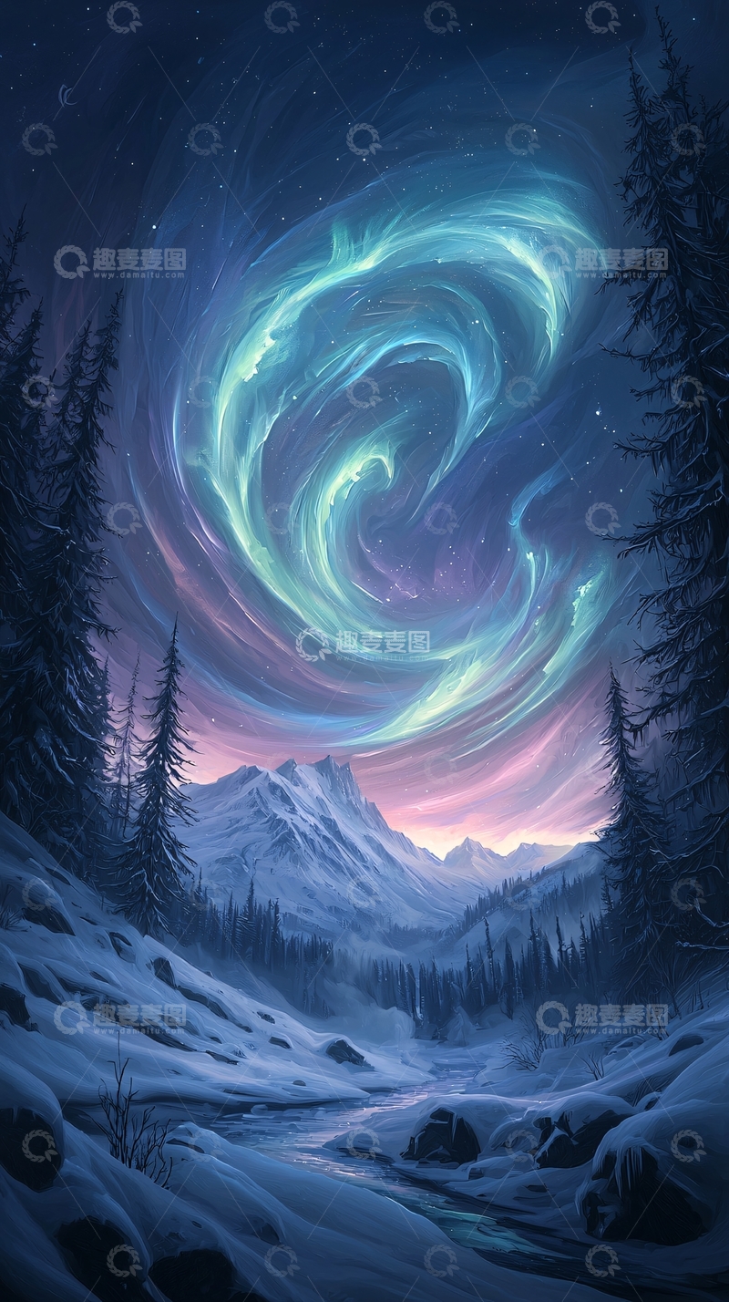 高清大图下载【趣麦麦图】极光下的雪景