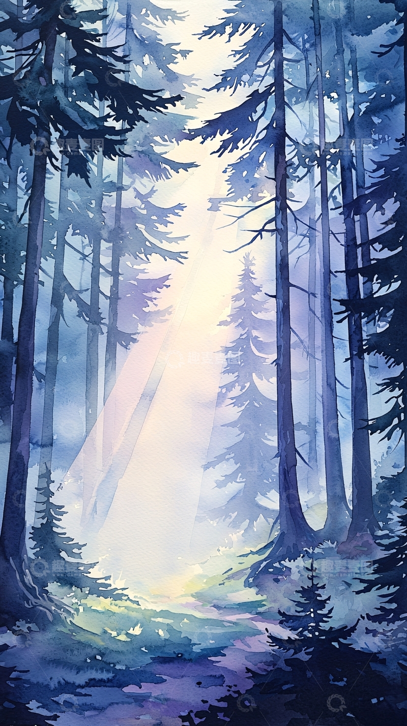 高清大图下载【趣麦麦图】晨光森林水彩画