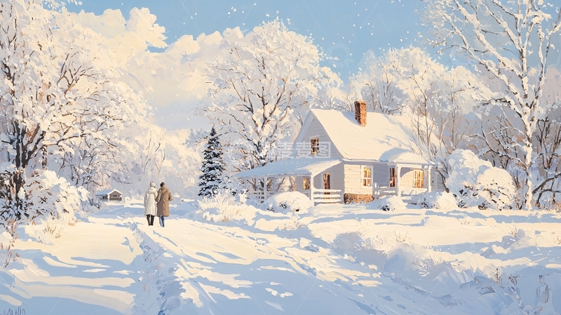 高清大图下载【趣麦麦图】冬日雪景中的温馨小屋