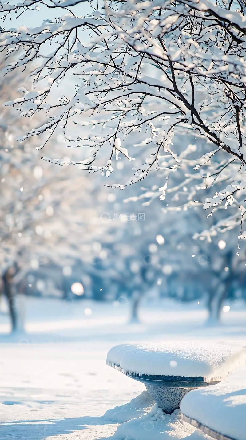 高清大图下载【趣麦麦图】冬日雪景下的公园长椅