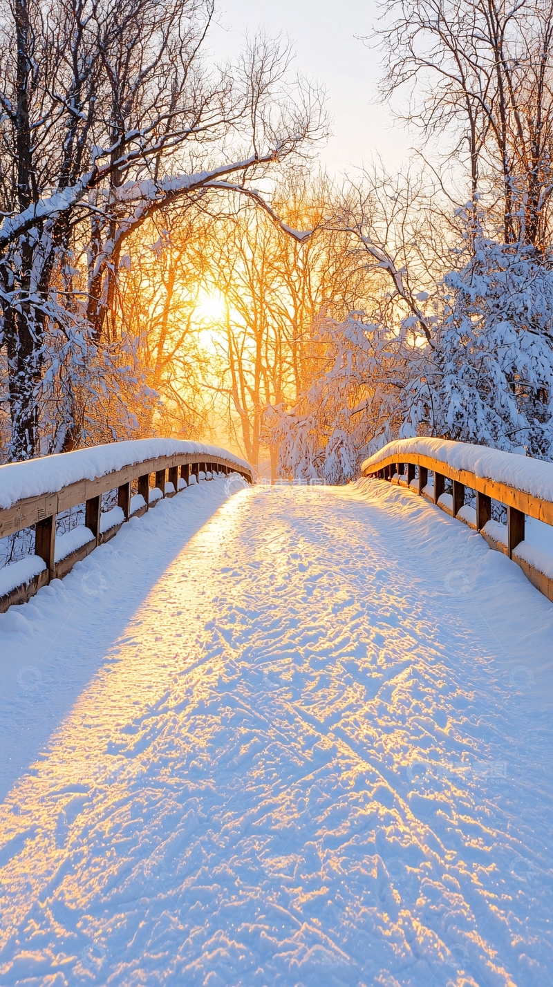 高清大图下载【趣麦麦图】冬日雪景中的木桥