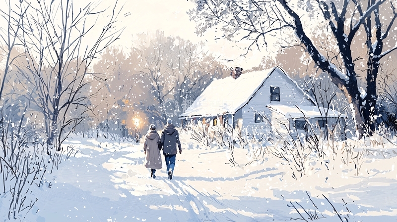 高清大图下载【趣麦麦图】冬日雪景中牵手回家的小屋