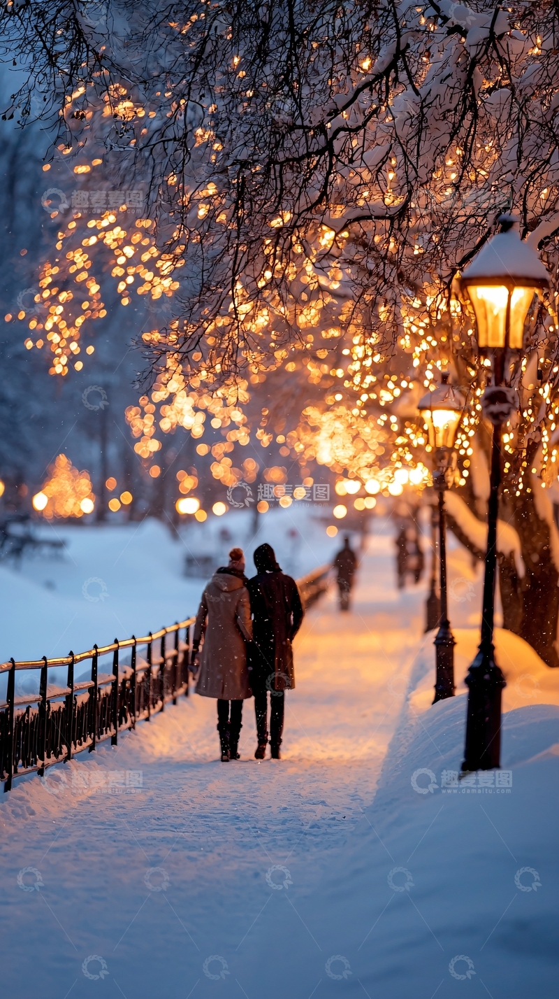 高清大图下载【趣麦麦图】冬夜雪景情侣漫步