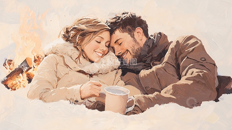 高清大图下载【趣麦麦图】冬日篝火旁的甜蜜时刻
