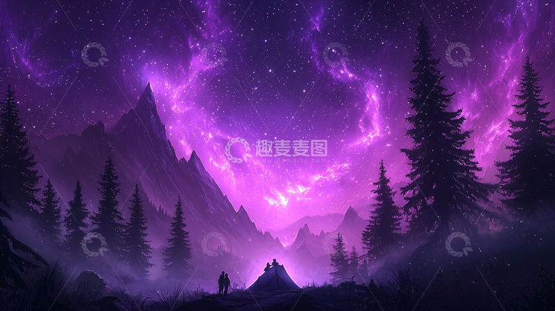 高清大图下载【趣麦麦图】紫色星空下的山间露营