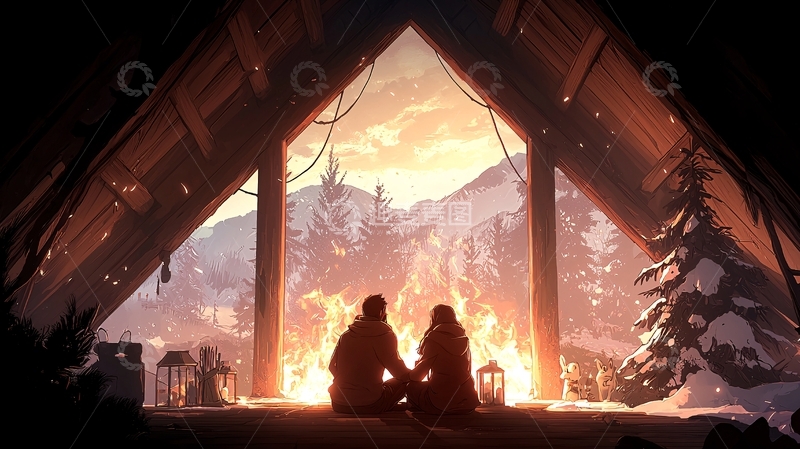 高清大图下载【趣麦麦图】冬夜山间篝火温馨时刻