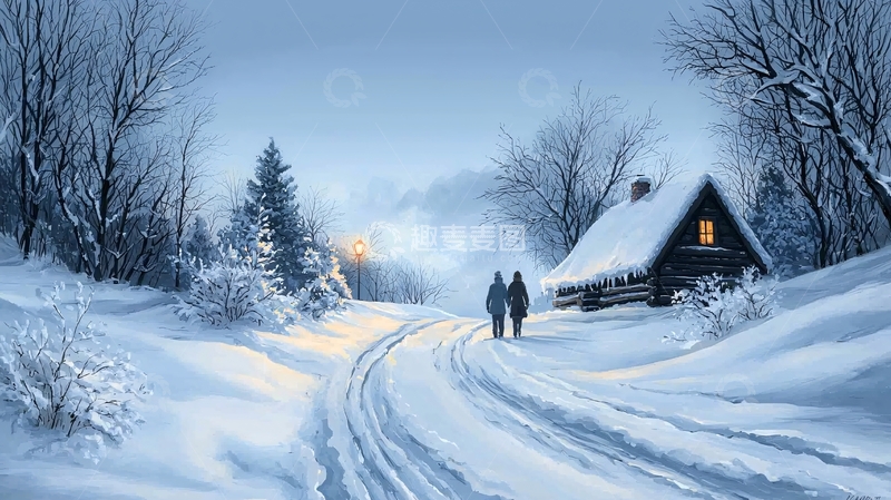 高清大图下载【趣麦麦图】冬日雪景中的小屋与行人