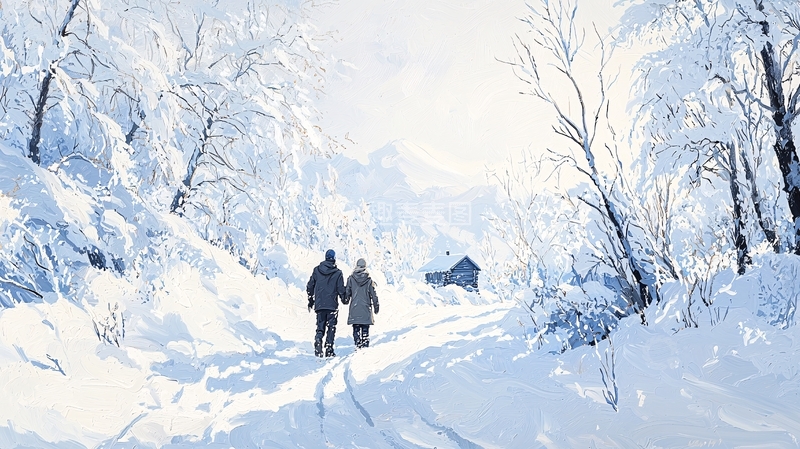 雪景中牵手的两个人