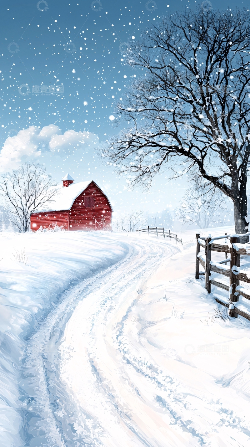 高清大图下载【趣麦麦图】冬日雪景中的红色农舍