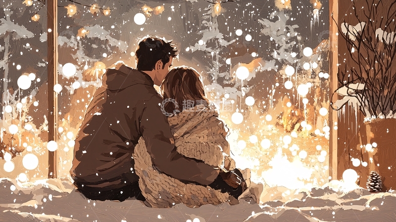 高清大图下载【趣麦麦图】冬日温馨情侣窗外雪景