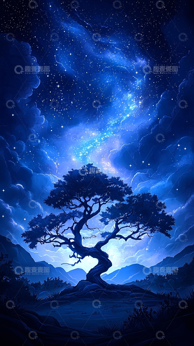 高清大图下载【趣麦麦图】夜空下的孤独树
