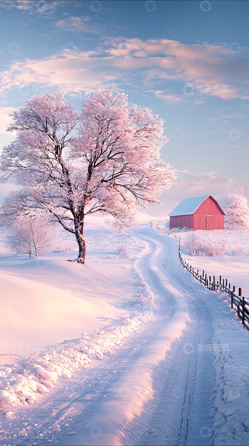 高清大图下载【趣麦麦图】冬日雪景小路与红屋