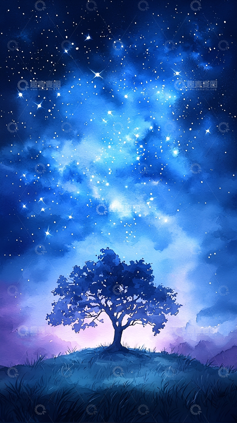 高清大图下载【趣麦麦图】夜空下的孤独树