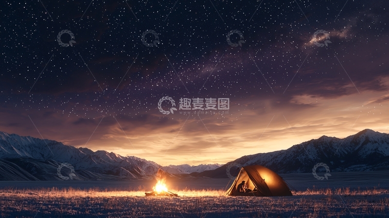 高清大图下载【趣麦麦图】雪山露营篝火星空夜景