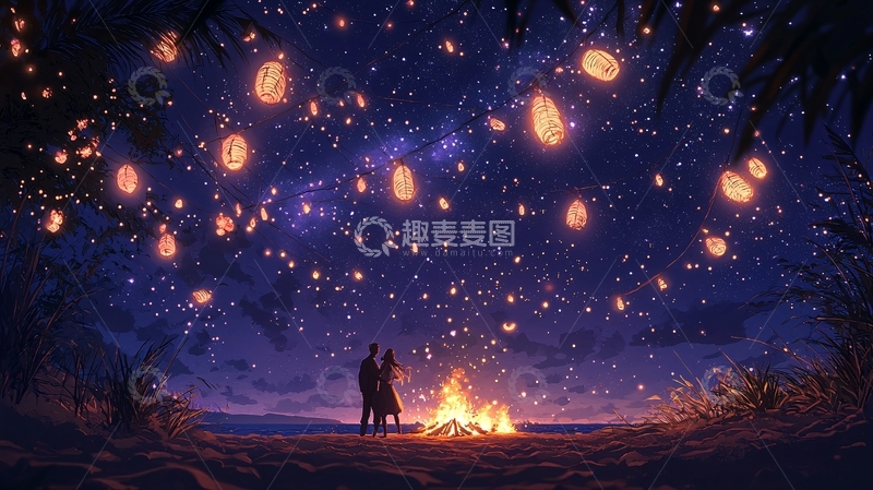 高清大图下载【趣麦麦图】浪漫海滩篝火夜景
