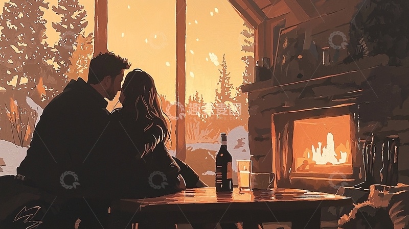 高清大图下载【趣麦麦图】温馨冬日情侣在炉边亲密交谈