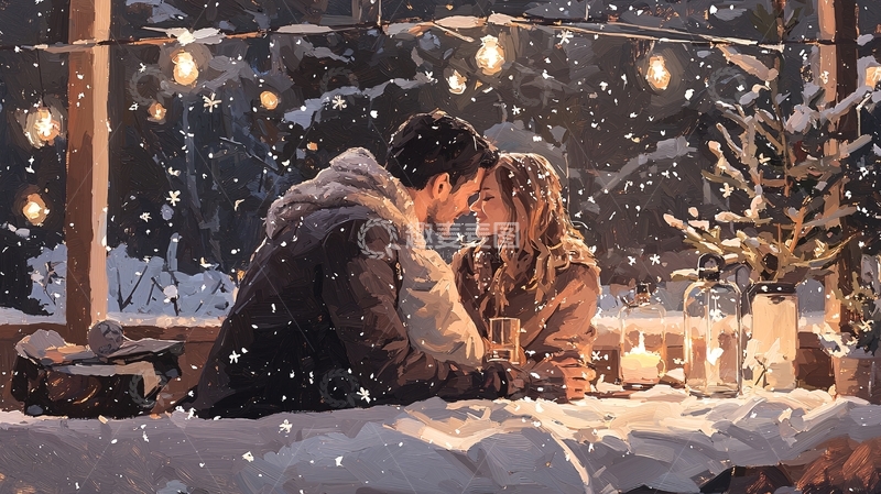 高清大图下载【趣麦麦图】冬夜雪中浪漫约会