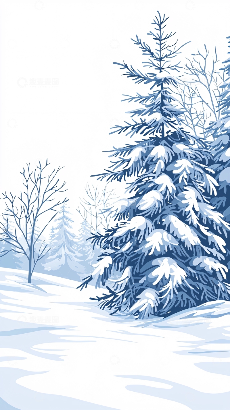高清大图下载【趣麦麦图】冬日雪景松树插画