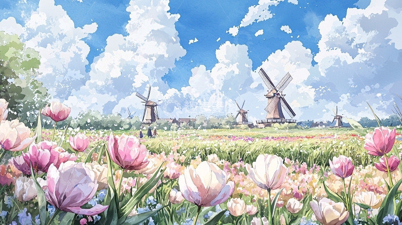 高清大图下载【趣麦麦图】荷兰风车与郁金香田野