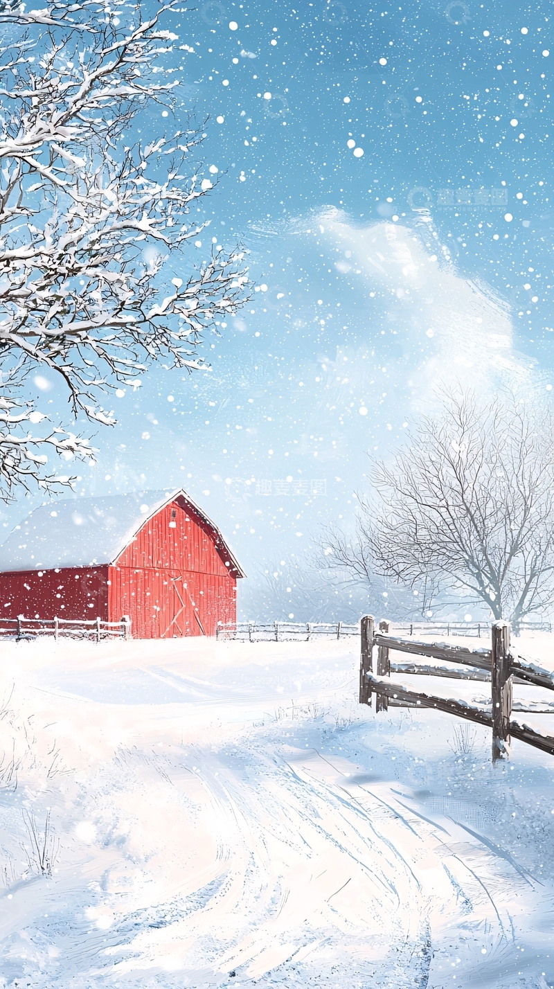 高清大图下载【趣麦麦图】冬日雪景下的红色谷仓
