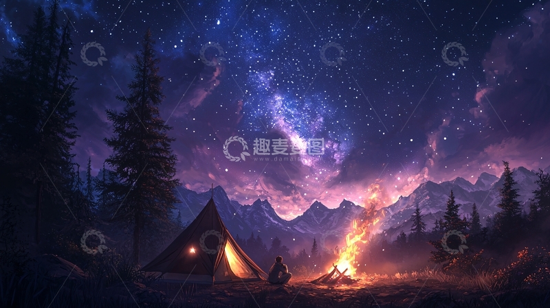 高清大图下载【趣麦麦图】夜晚露营篝火星空山景