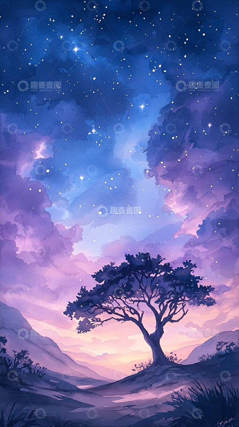 高清大图下载【趣麦麦图】夜空下的孤独树