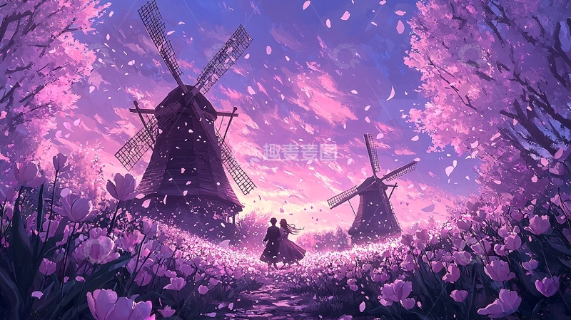高清大图下载【趣麦麦图】樱花下的风车与恋人