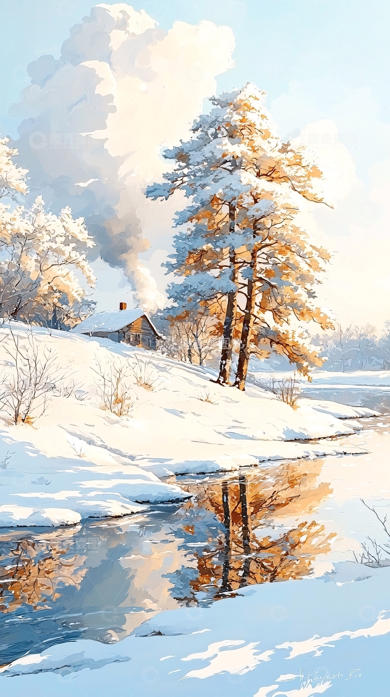 高清大图下载【趣麦麦图】冬日雪景中的小屋与倒影