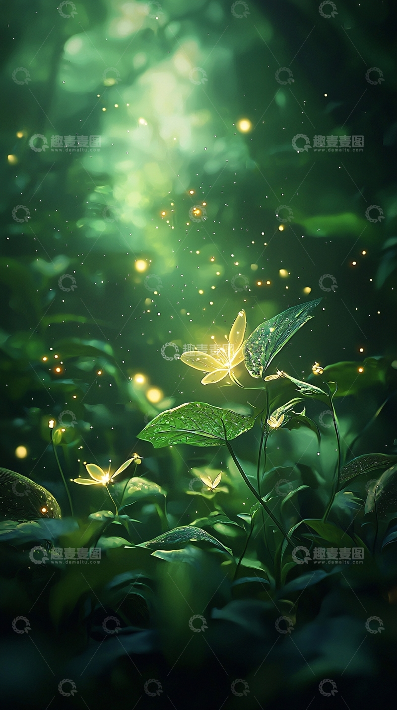 高清大图下载【趣麦麦图】梦幻森林中的发光花朵
