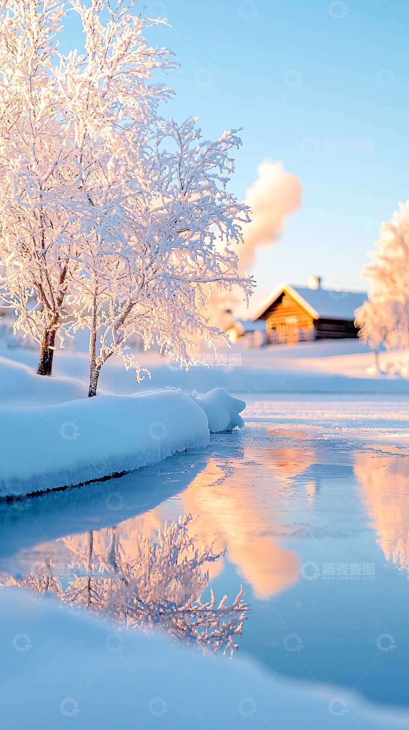 高清大图下载【趣麦麦图】冬日雪景中的小屋与冰面