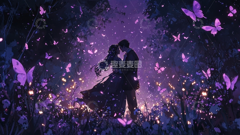 高清大图下载【趣麦麦图】紫色梦幻森林中的浪漫情侣