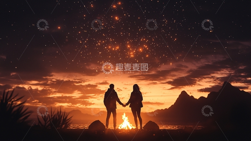 高清大图下载【趣麦麦图】情侣在篝火旁观赏星空
