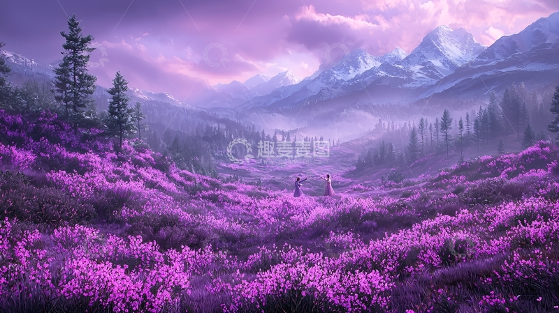 高清大图下载【趣麦麦图】紫色花海中的雪山美景