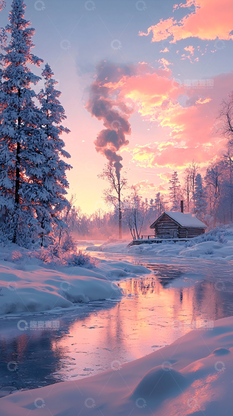 高清大图下载【趣麦麦图】冬日雪景中的小木屋