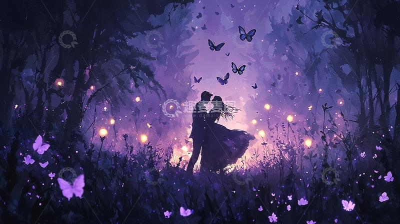 高清大图下载【趣麦麦图】紫色梦幻森林中的浪漫情侣