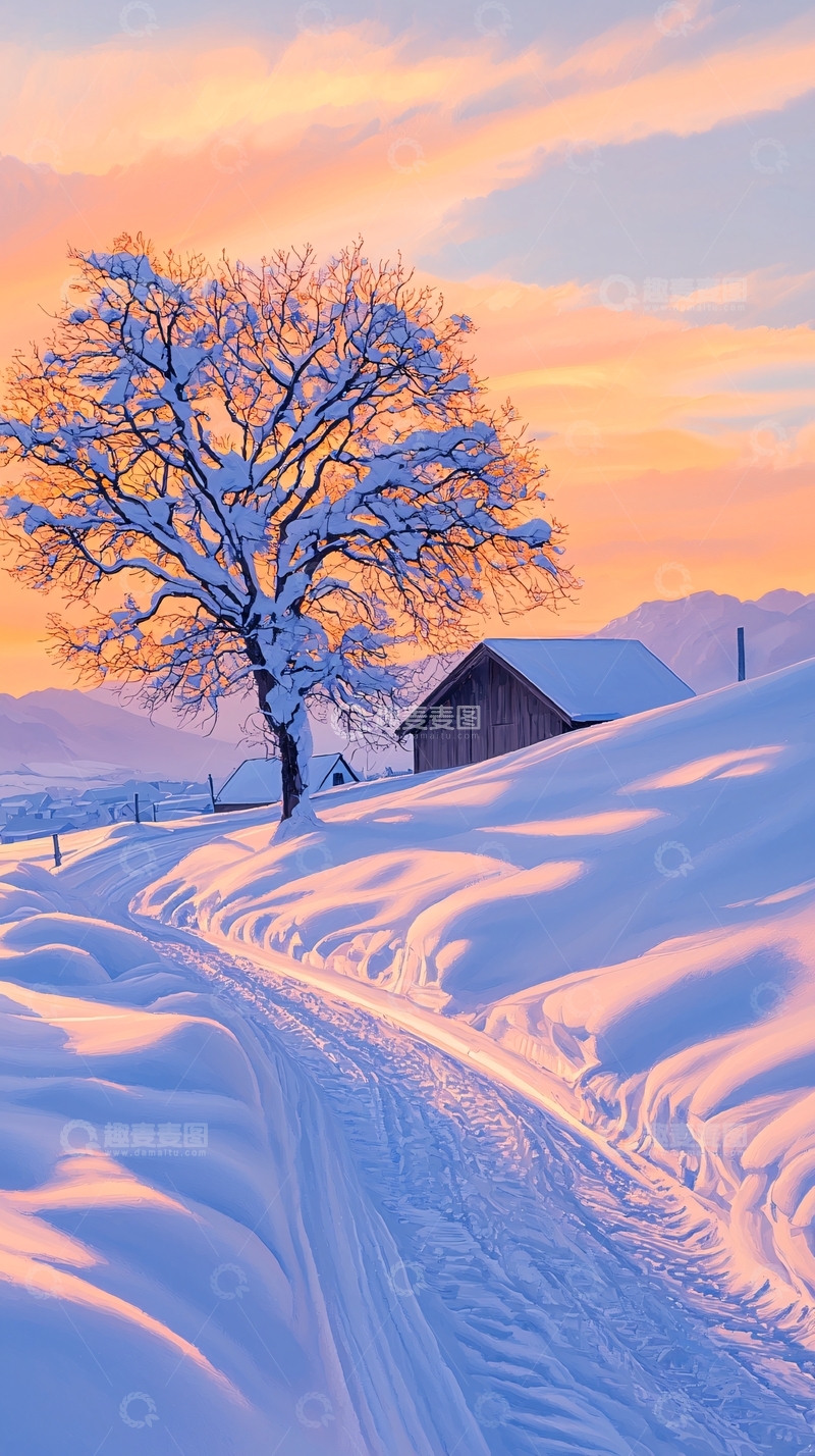高清大图下载【趣麦麦图】冬日雪景中的孤独树