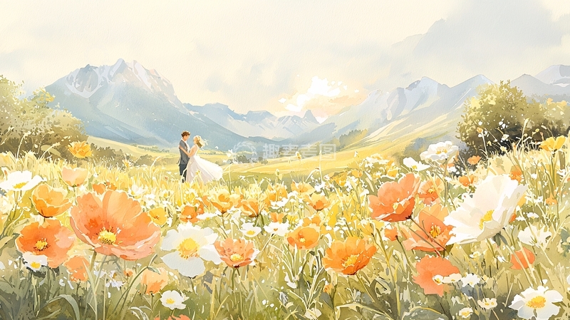 高清大图下载【趣麦麦图】山野花海中的浪漫情侣