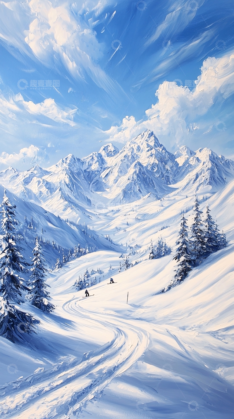 高清大图下载【趣麦麦图】雪景山间滑雪道