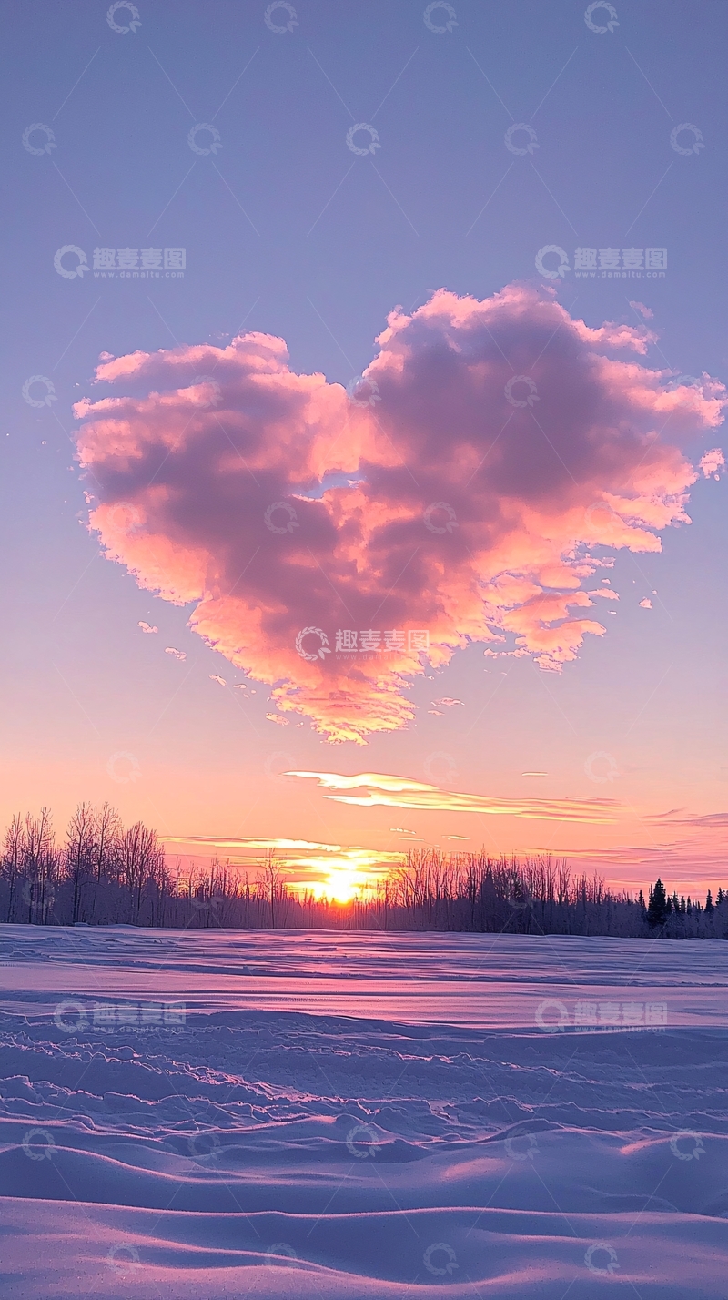 高清大图下载【趣麦麦图】粉色心形云朵下的雪地日落