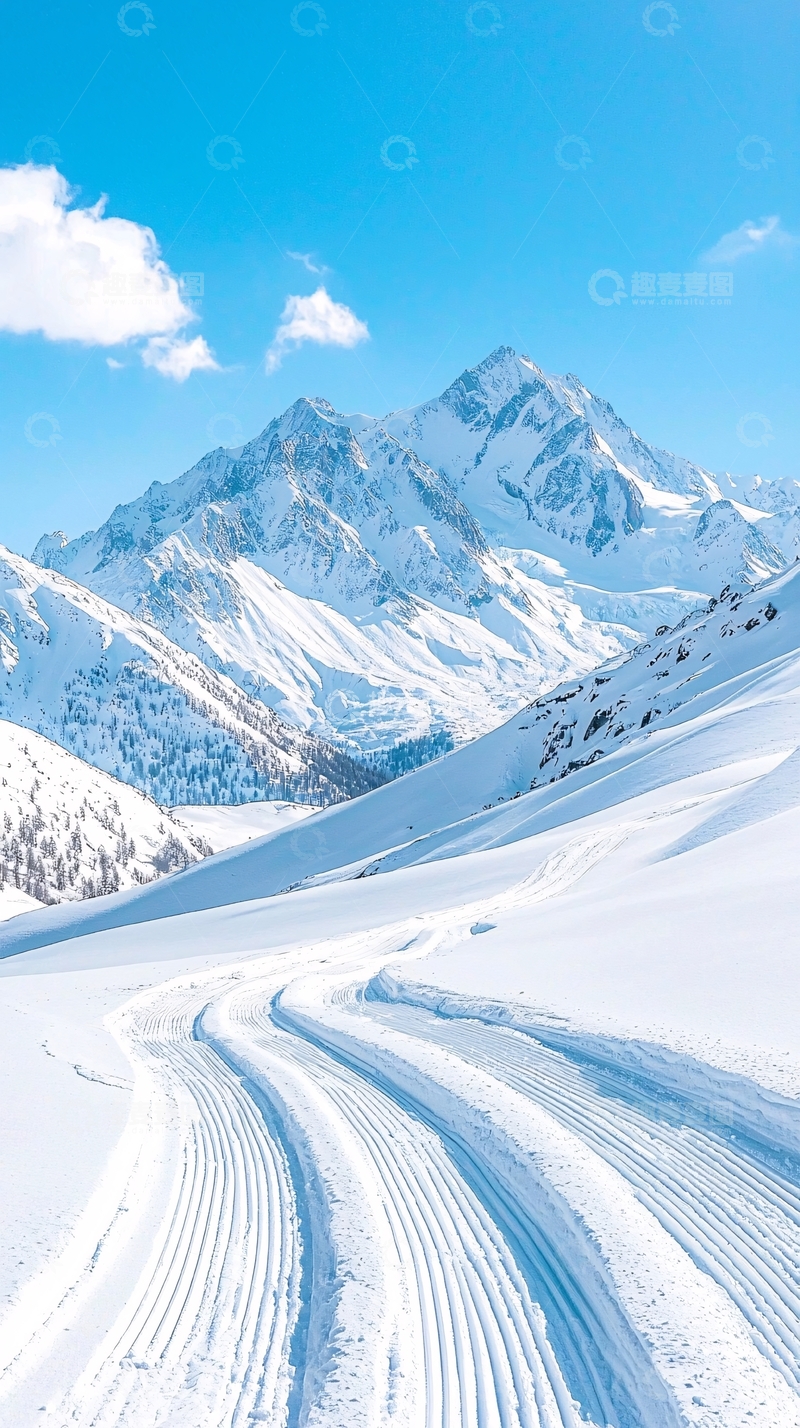 高清大图下载【趣麦麦图】雪地山峰越野车辙