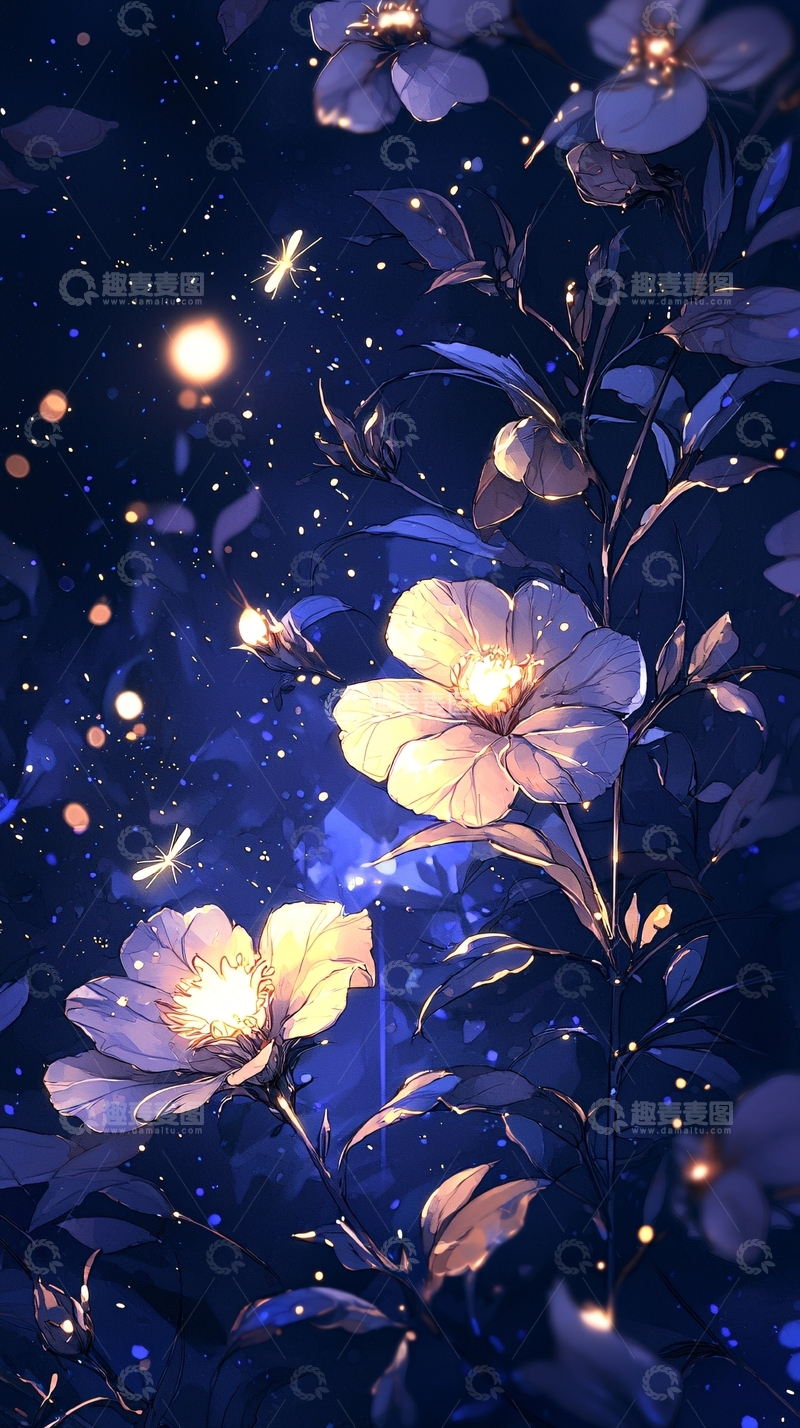 高清大图下载【趣麦麦图】梦幻夜景下的花朵与萤火虫