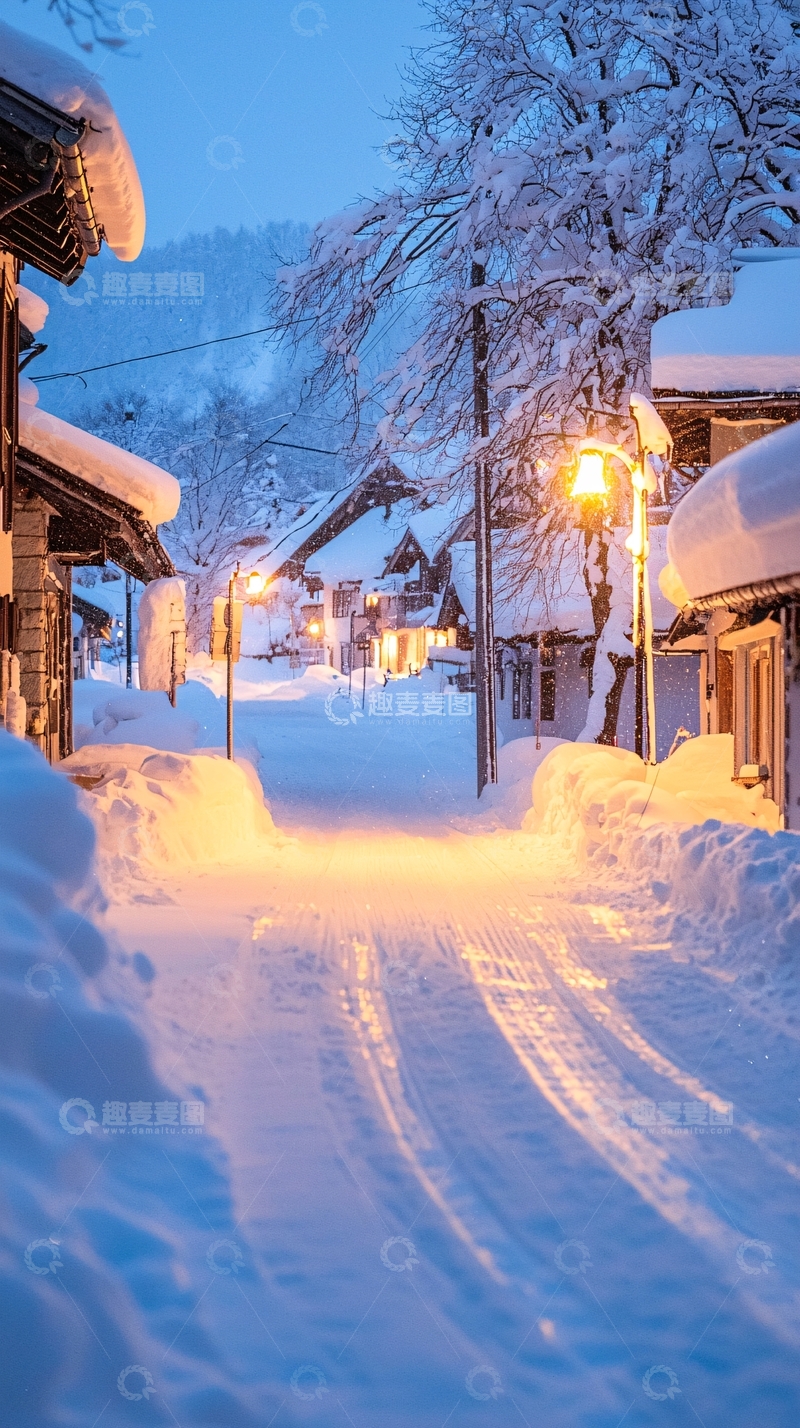 高清大图下载【趣麦麦图】冬日雪景小巷夜灯