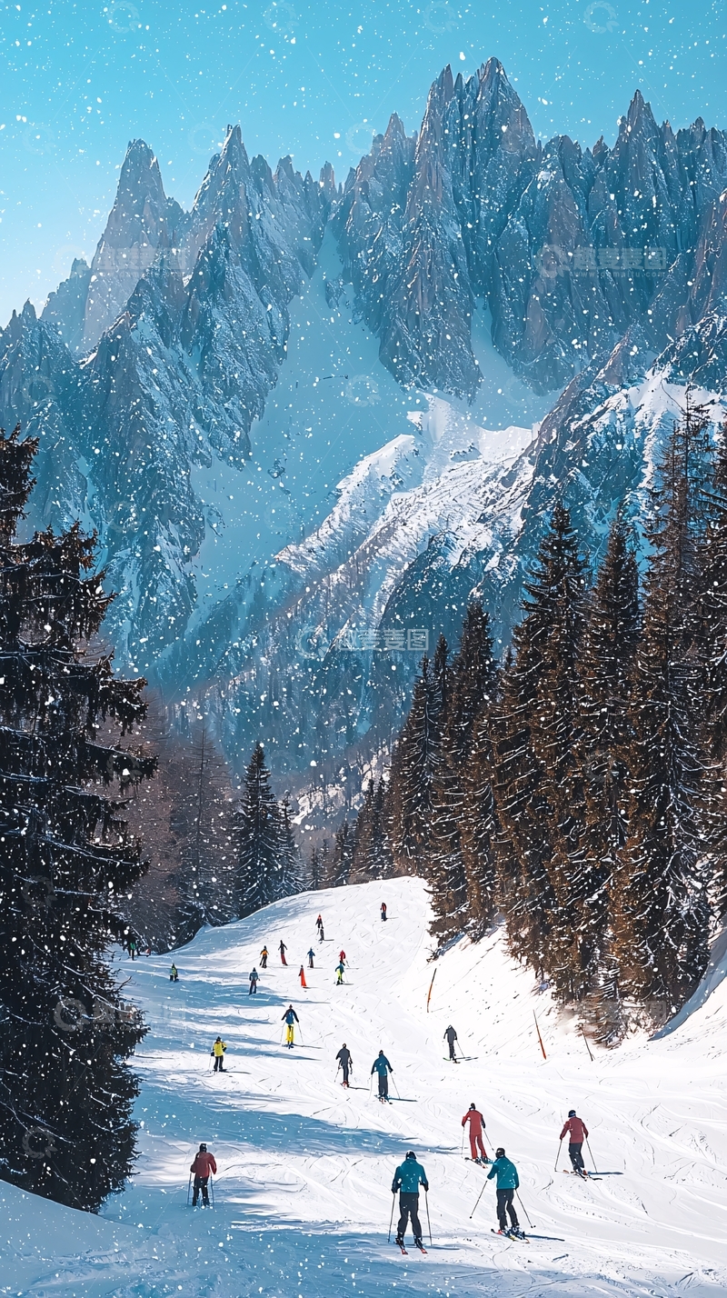 高清大图下载【趣麦麦图】雪景中的滑雪者与山峰